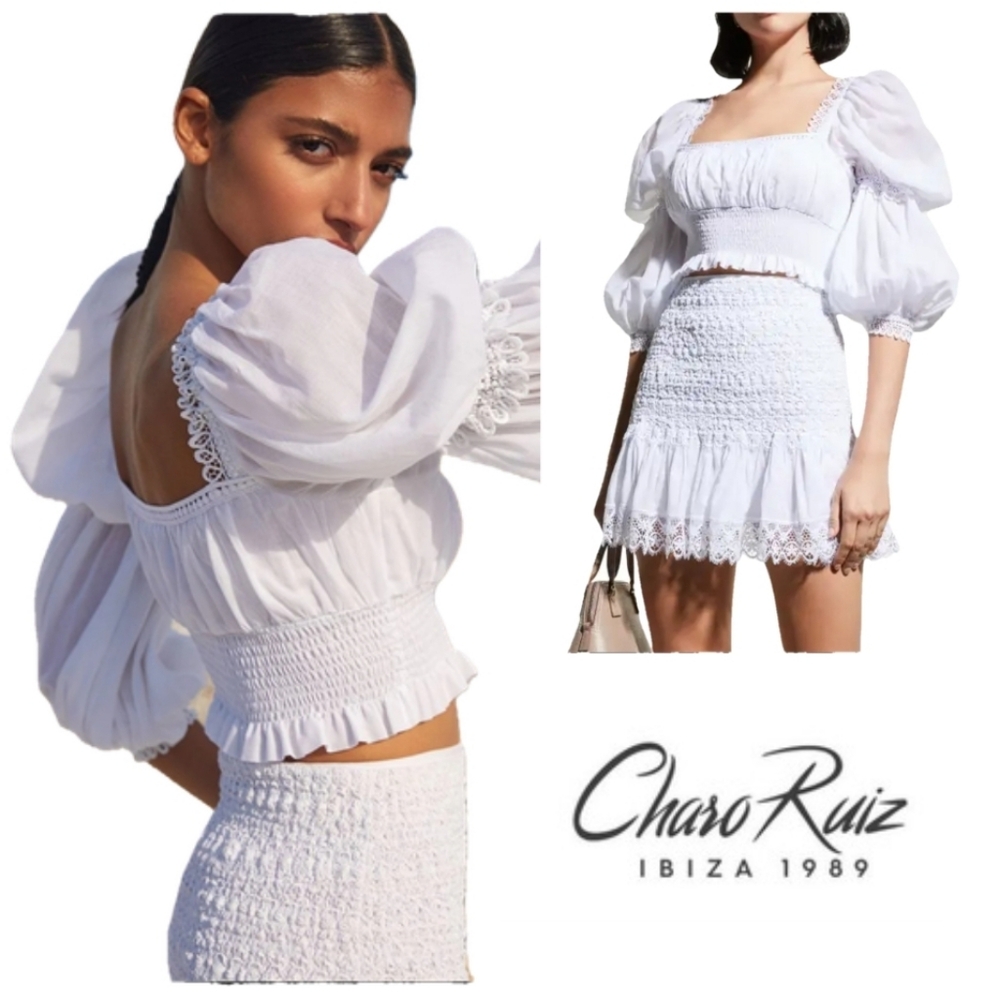 $390 Charo Ruiz 'Daphne' White Smocked Lace-Trim Crop Top